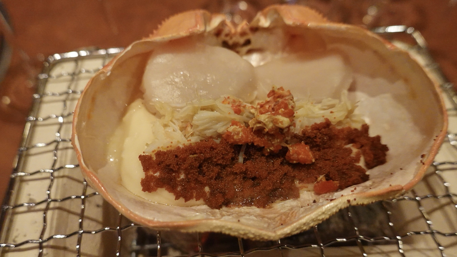 フレンチ和食の新感覚スペシャルワイン会 おぶね 蟹の甲羅焼 蟹身と帆立のフリカッセ 品川イッコー