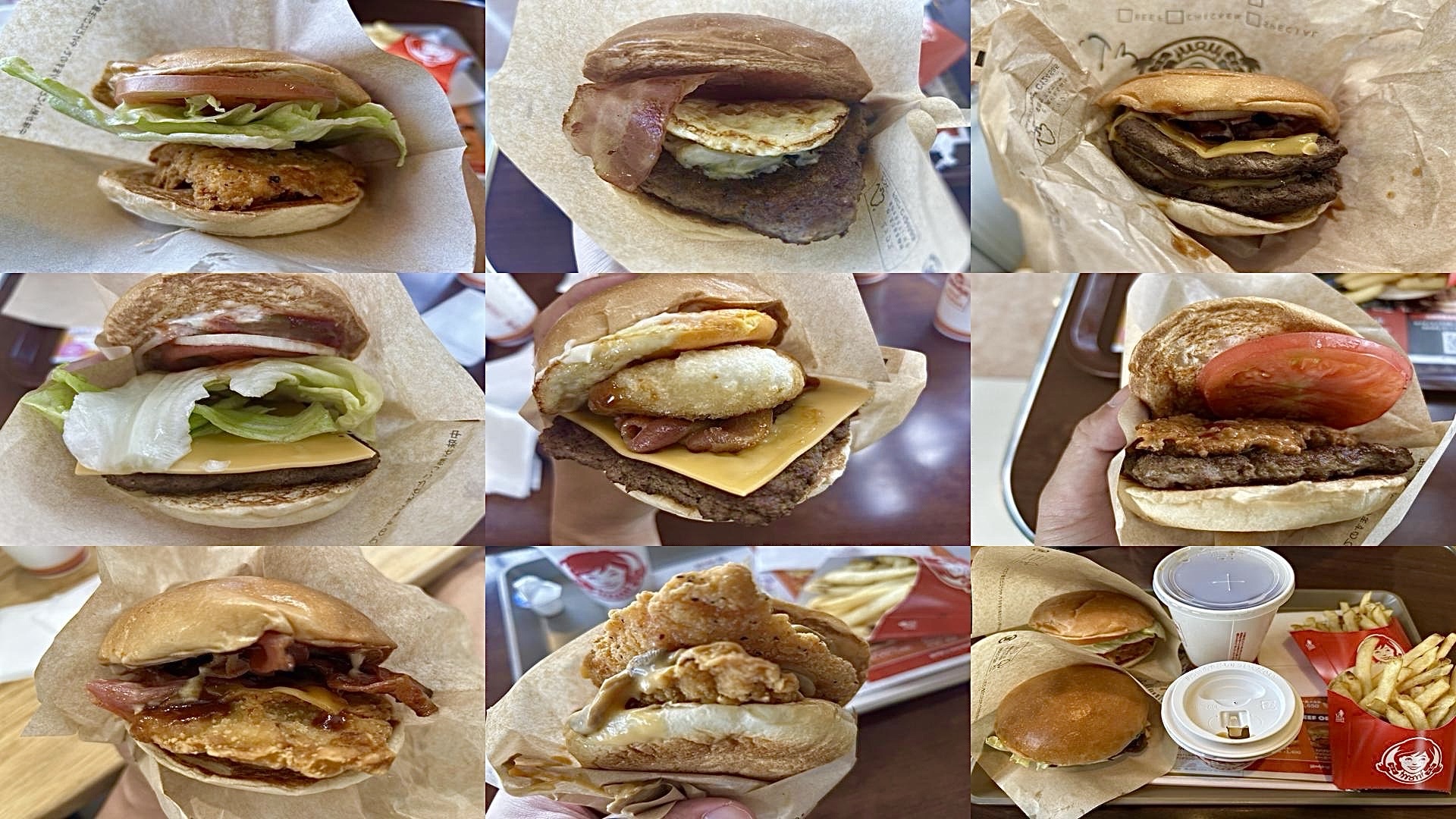 ウェンディーズ・ファーストキッチンの定番・限定バーガーを3×3のコラージュにまとめた画像 品川イッコー