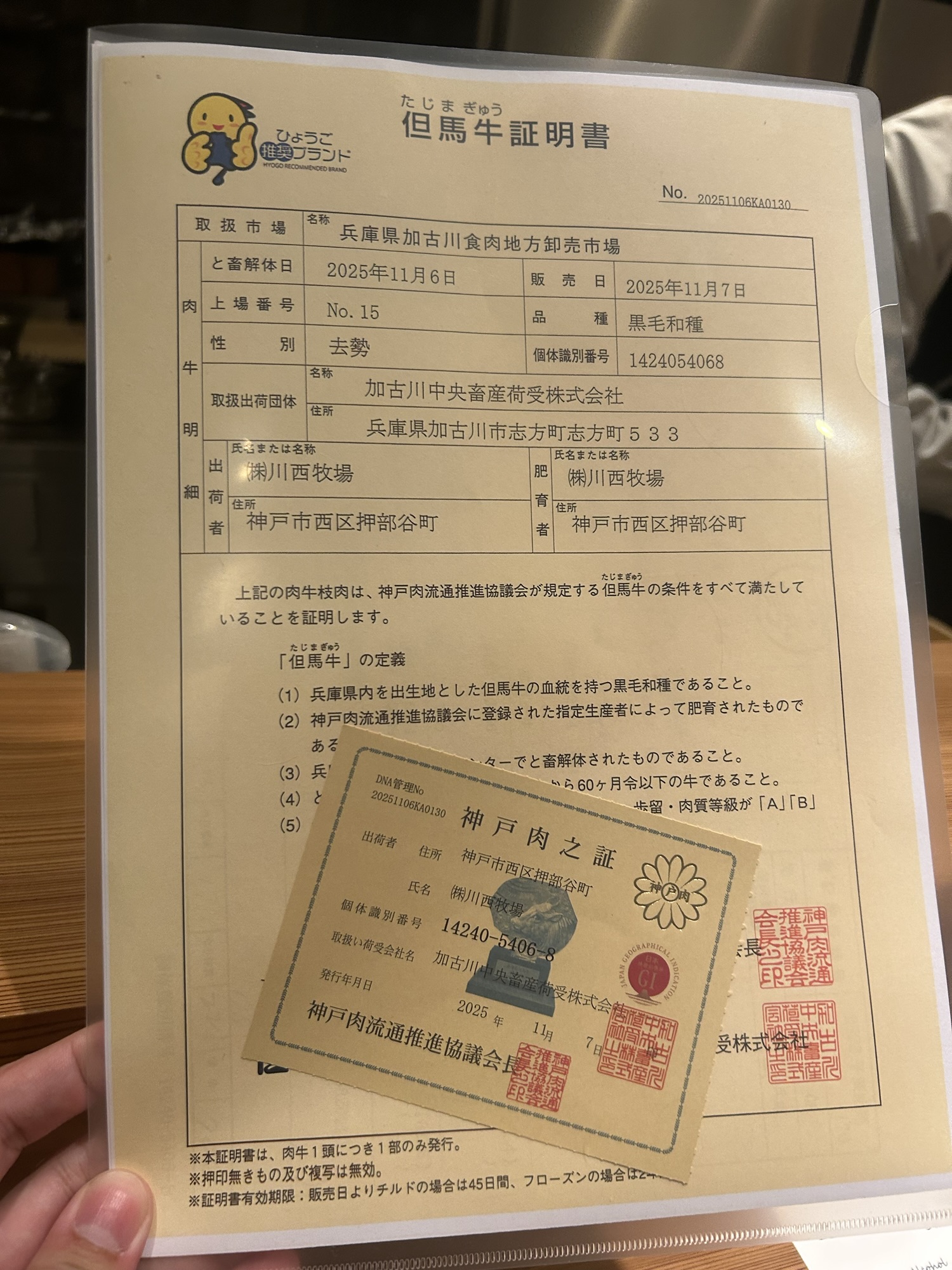 木場 commedia 神戸ビーフ証明書