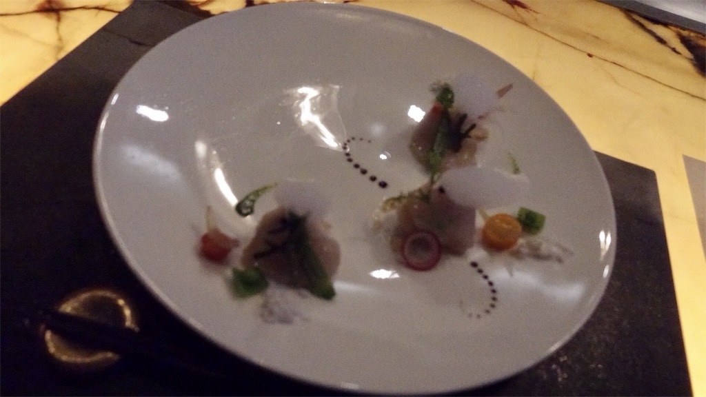 押上 スカイレストラン634 鉄板焼き 天空 生姜のコンフィチュールとホワイトバルサミコの泡で