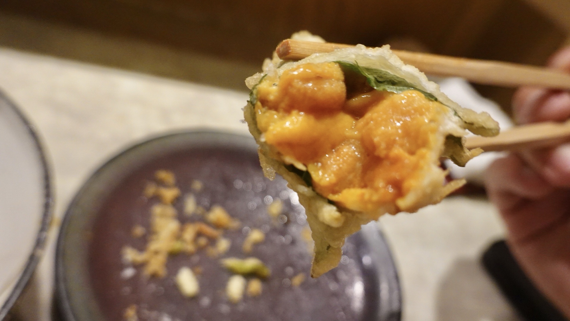 築地 天麩羅なかがわ 雲丹の大葉巻き