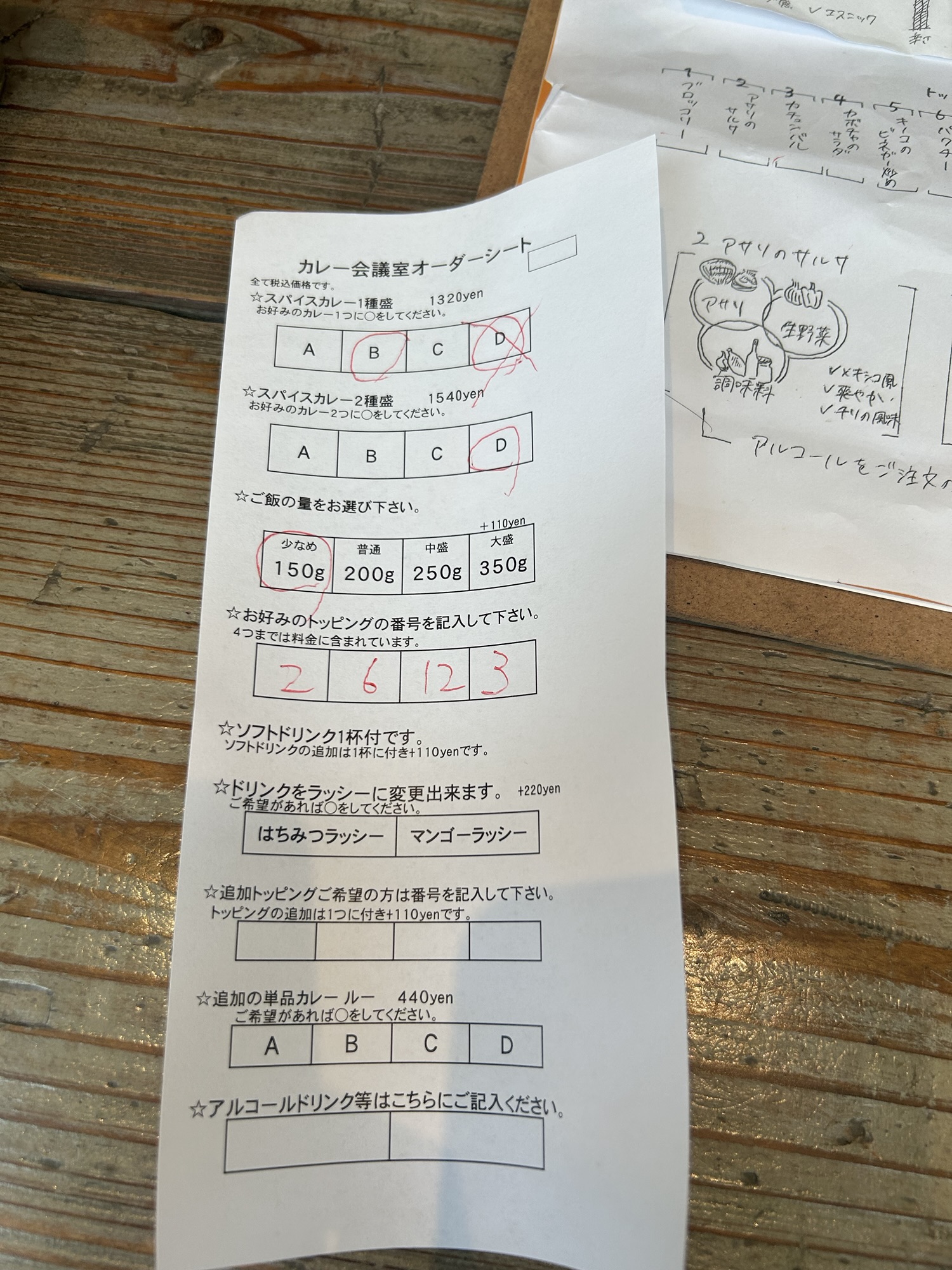 立川 カレー会議室 オーダーシート