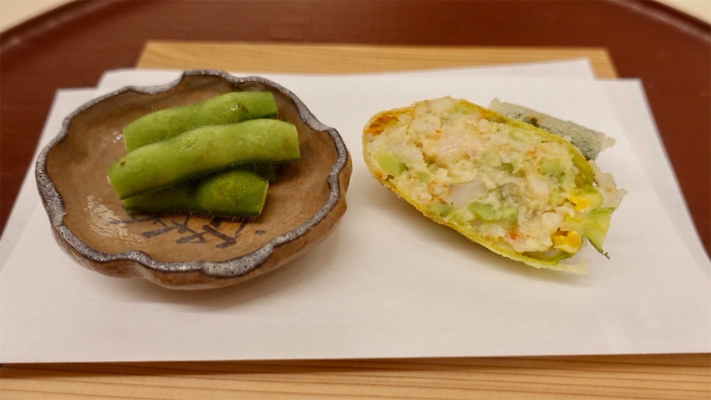 新富町 日本料理 久丹 花ズッキーニの天ぷらと枝豆