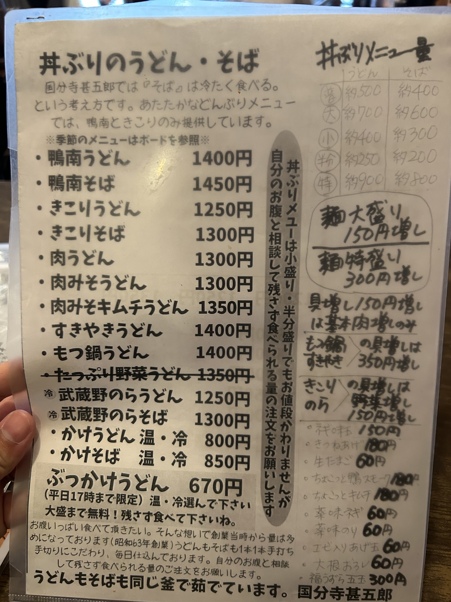 国分寺 甚五郎 メニュー